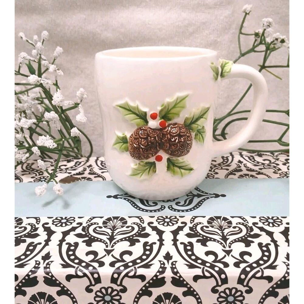 Holly Berry Ceramic Coffee Mug Christmas Holiday 3D Pinecones Dainty Grannycore